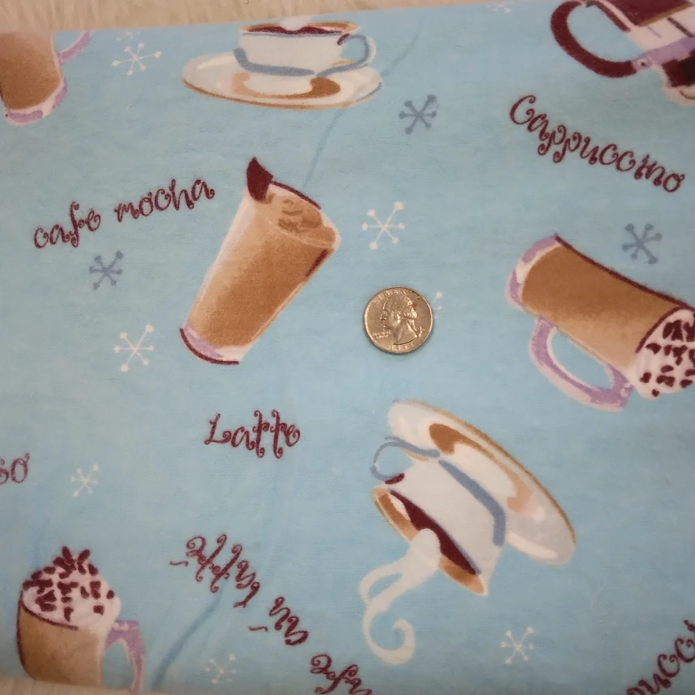 FABRIC Flannel Made Exclusively For JoAnn Sky Blue With Quirky Coffee Imagery